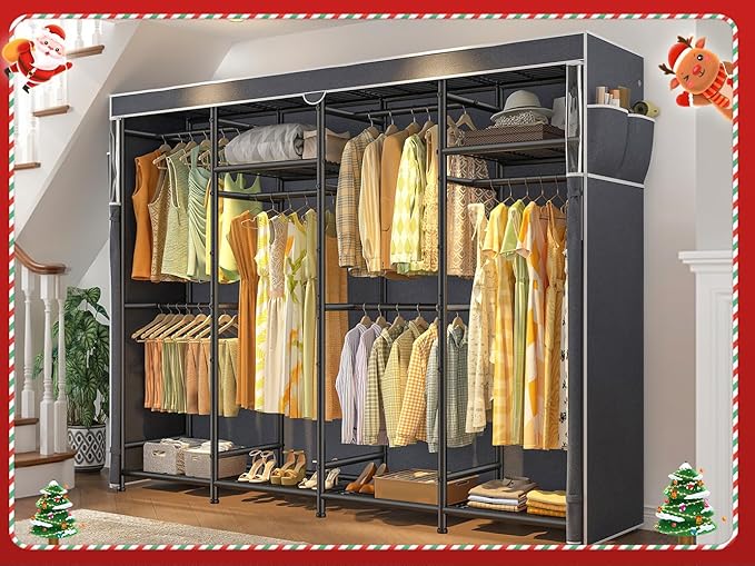 Raybee Clothes Rack with Cover, Heavy Duty Clothing Rack for Hanging Clothes, Adjustable Metal Portable Closet for Bedroom 77
