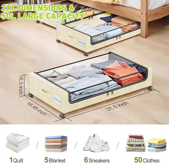 Under Bed Storage with Wheels, 4-Pack UnderBed Storage Containers with Clear Lids, Under Bed Shoe Storage Organizer, Rolling 