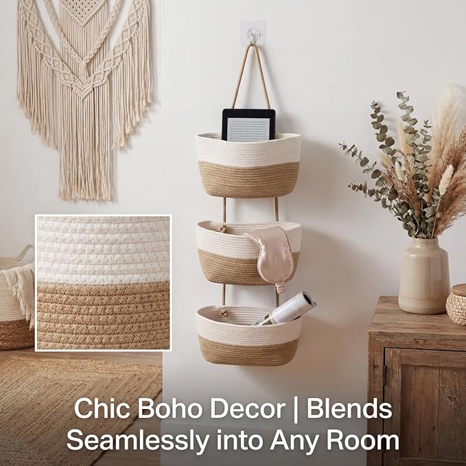 Hanging Wall Basket, Over the Door Hanging Basket with Hooks, 3-Tier Cotton Hanging Basket for Organizing, Decorative Boho Ch