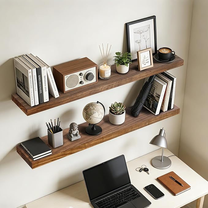 Floating Wall Shelf 48x6.8x1.7 Inch – Solid Wood Shelf in Dark Oak Finish – Extra Long Wall Mounted Rustic Display Shelf for 