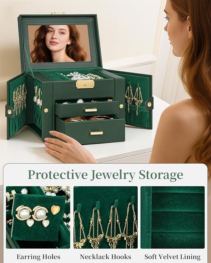 TORIBIO Jewelry Box for Women, Leather Jewelry Organizer with Mirror & Lock, 3-Tier Jewelry Storage Organizer with 2 Drawers 