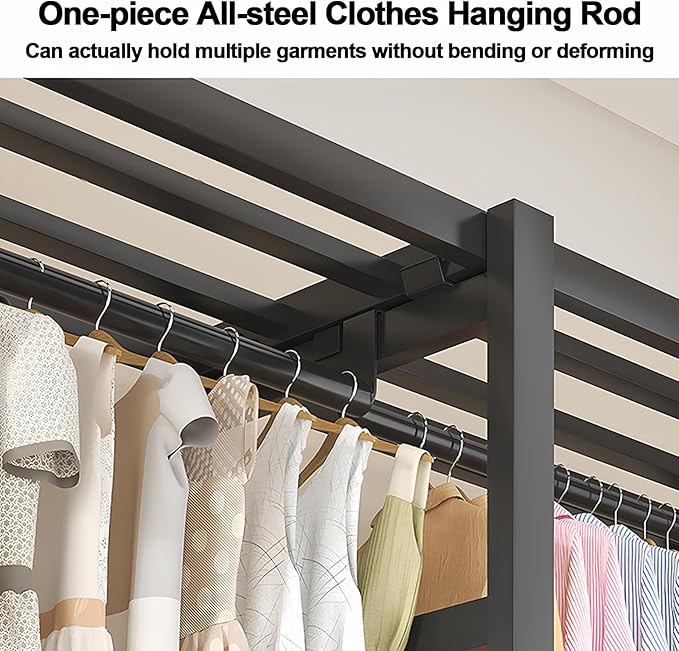 Portable Foldable Wardrobe Closet with Cover, Metal Clothing Rack with Hanging Rods, Space-Saving Storage Organizer for Bedro