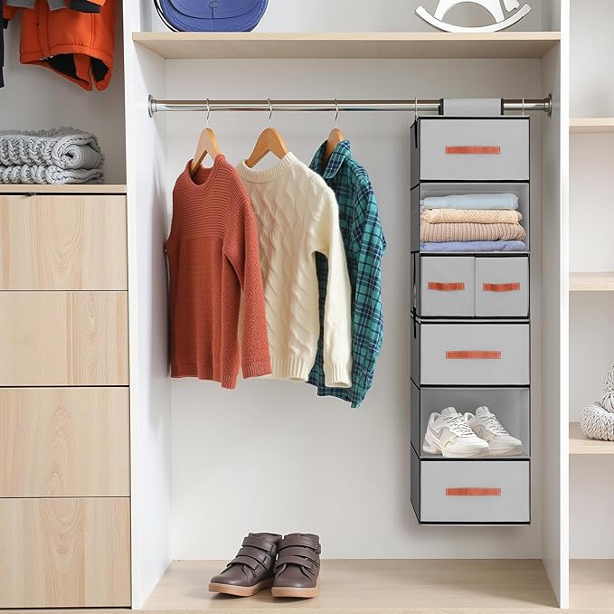 Hanging Closet Organizer 6-Shelf, Upgrade Hanging Shelves for Closet with 5 Removable Drawers & Side Pockets, Hanging Shelf O