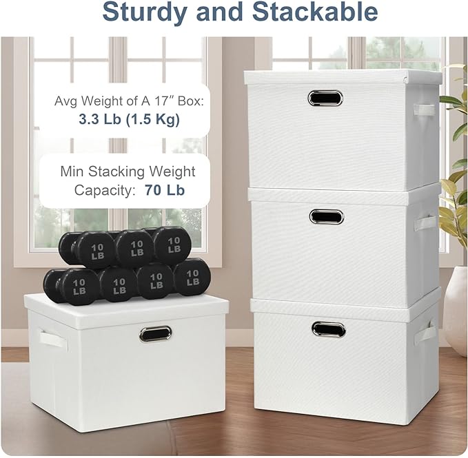 Graciadeco Large 17" 36 Quart Collapsible Stackable Storage Bins with Lids, 5 Packs White Linen Fabric Closet Boxes with Lids