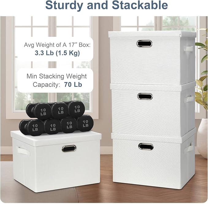 Graciadeco Large 17" 36 Quart Collapsible Stackable Storage Bins with Lids, 3 Packs White Linen Fabric Closet Boxes with Lids