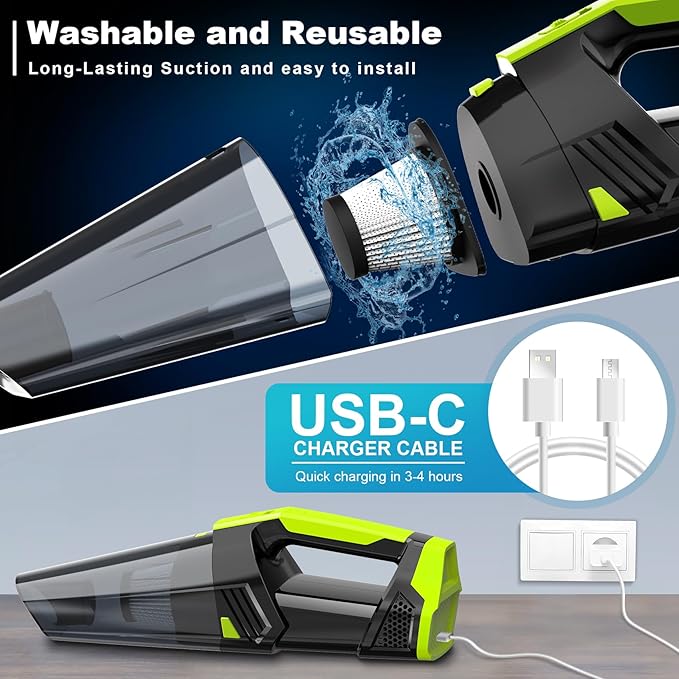 Cordless Car Vacuum Lightweight High Power Handheld Vacuum Cleaner with LED Light, Hand Vacuum for Car Home Office and Pet Ha
