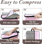 U+U 10 Set Compression Packing Cubes - Ultralight Pink Stripe Travel Organizers with Laundry Bag, Space-Saving Suitcase Organ