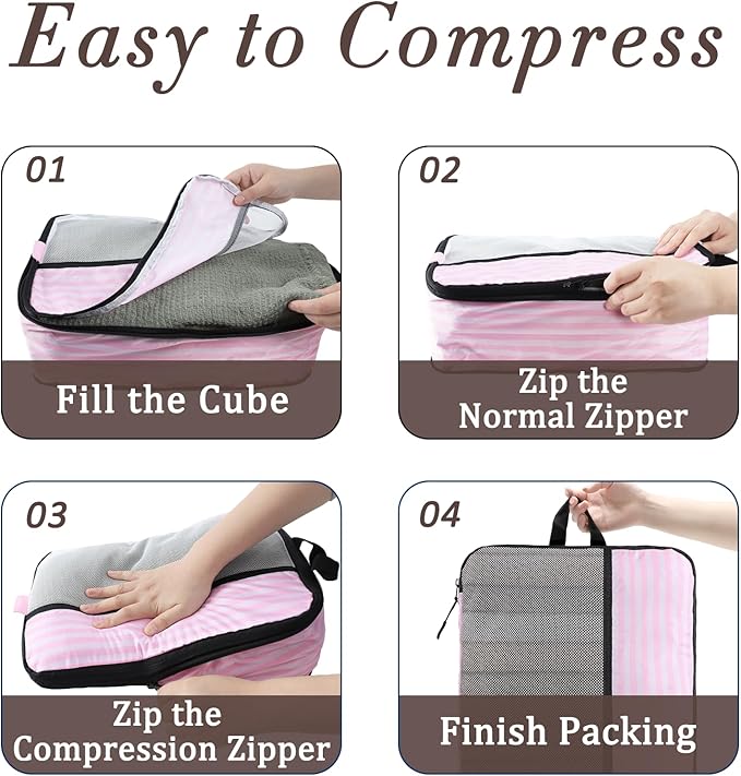 U+U 10 Set Compression Packing Cubes - Ultralight Pink Stripe Travel Organizers with Laundry Bag, Space-Saving Suitcase Organ