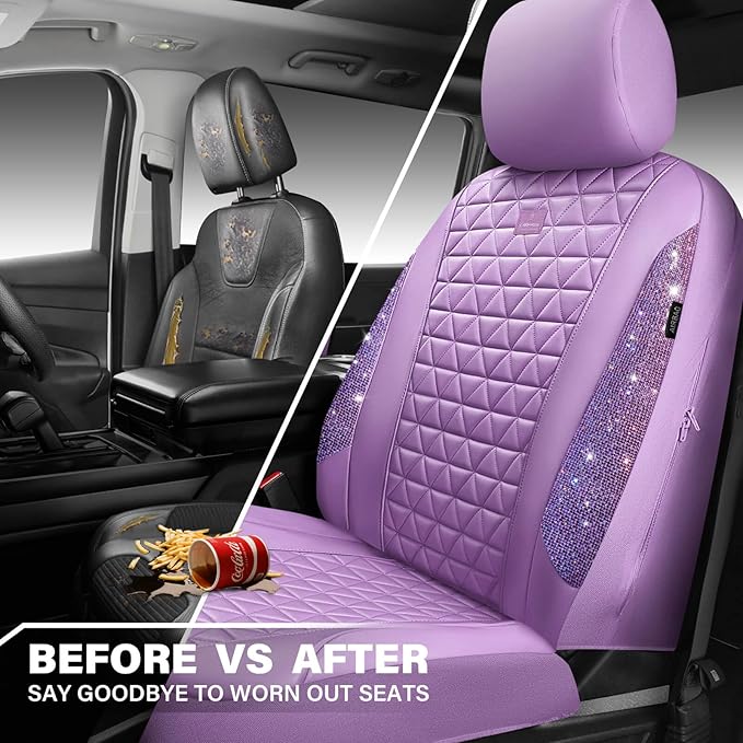 CAR PASS Light Purple Bling Diamond Leather Car Seat Covers Full Sets, Waterproof Shining Glitter Sparkly Crystal Universal A