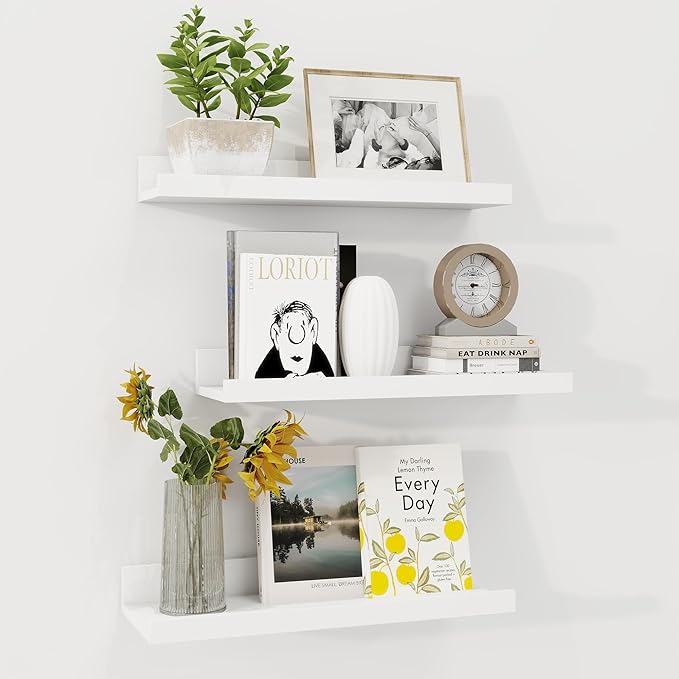 Axeman Picture Ledge Shelf | 16 Inch White Floating Shelves Set of 3 | Rustic Wood Wall Shelves with Lip | 16" White Picture 