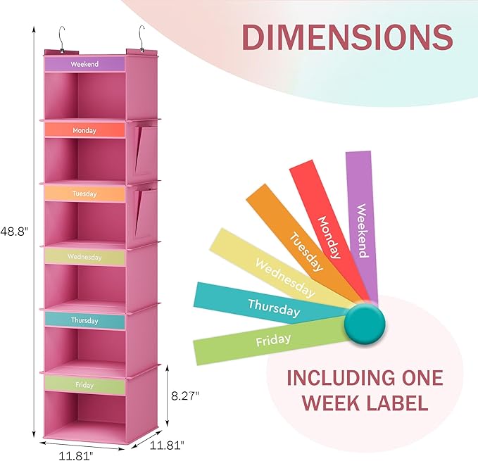 YOUDENOVA 6-Shelf Weekly Hanging Closet Organizer, Weekly Clothes Organizers for Kids with 2 Side Pockets, Pink