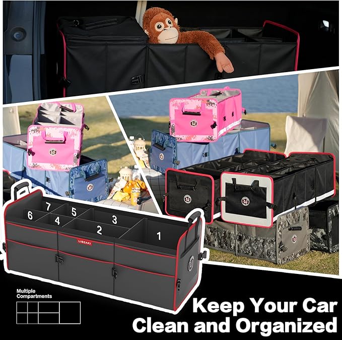 LIBZAKI Car Trunk Organizer,3 Compartments Big Trunk Storage, Large Capacity, Foldable, 95L Heavy Duty Storage Box for Car,