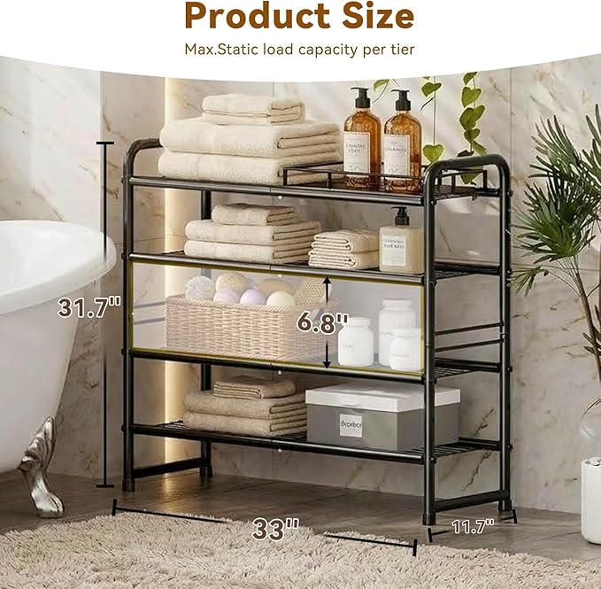 4 Tier Shoe Rack, 32.5" Wide Stackable Sturdy Metal Shoe Shelf Storage Organizer with Height-Adjustable for Entryway, Closet,