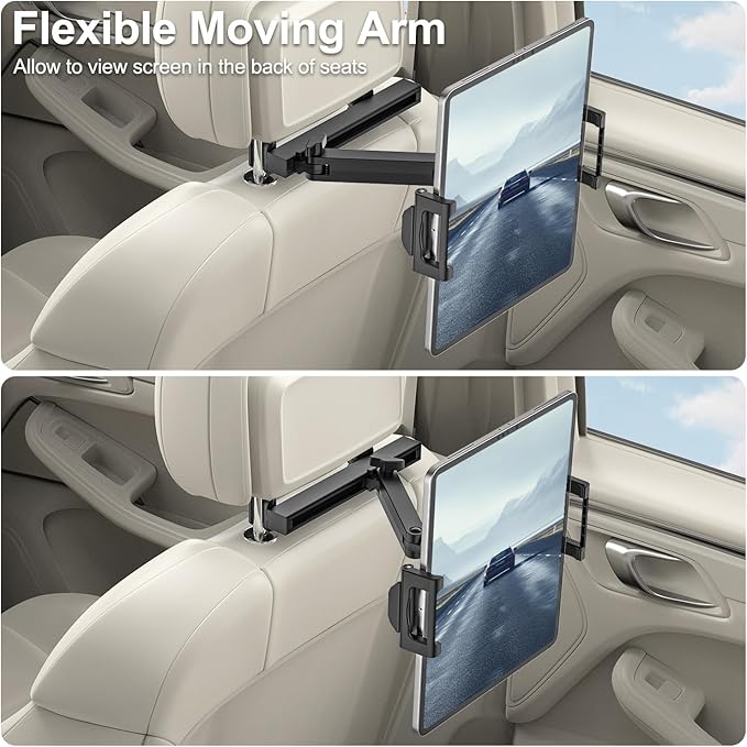 Car Seat Headrest Tablet Holder, [Mobile Folding Arm] Back Seat Tablet Mount for Road Trip, Fit Thickness Case (Deep Max 1.18'') for iPad Pro 12.9/ Air/Mini, Galaxy Tab, All 6.1-15.6" Devices
