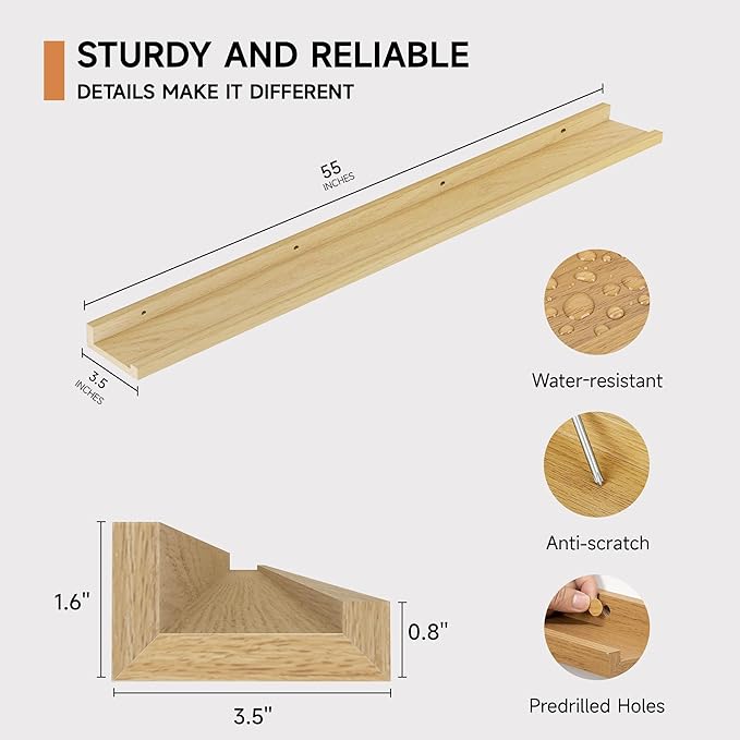 Floating Picture Ledge Shelves for Wall Set of 2, 55 Inches Picture Shelf with Ledge, Nursery Book Shelf for Toys Storage Kid