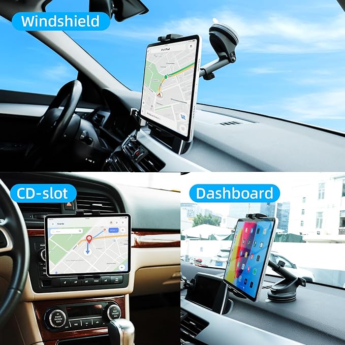xik Universal Car Tablet Mount Holder - 2-in-1 [CD Slot + Suction Cup] Mount for Windshield, Dashboard, CD Player - Secure Stand for iPad & All Tablets 4.7" to 12.9"
