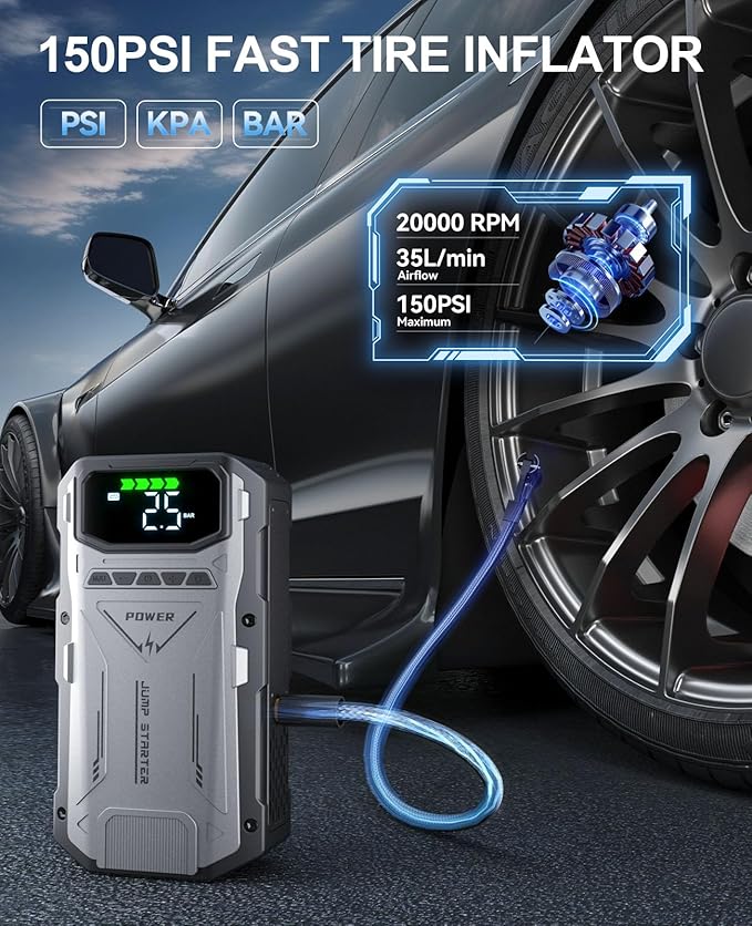 Jump Starter with Air Compressor, 4000A Portable Car Battery Charger Jump Box, 150PSI Tire Inflator and Battery Jumper Pack