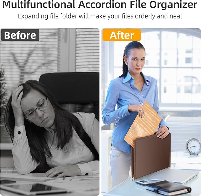 Fireproof Accordion File Organizer, Portable Expanding File Folder with Waterproof Zipper&Labels, Brown Document Organizer wi