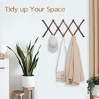 SCUNDA 16 inch High Accordion Wall Hanger with 14 Hooks, Wooden Wall Expandable Coat Rack for Coat, Hats, Baseball Caps, Coff