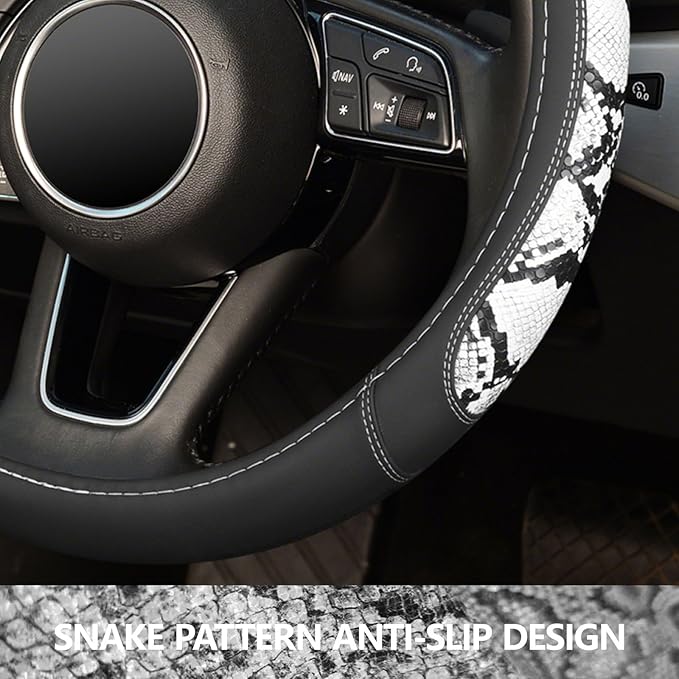 ZHOL Snake Skin Leather Steering Wheel Cover,Black and White Animal Fur Car Accessory Steering Wheel Cover,Universal 14.5-15i