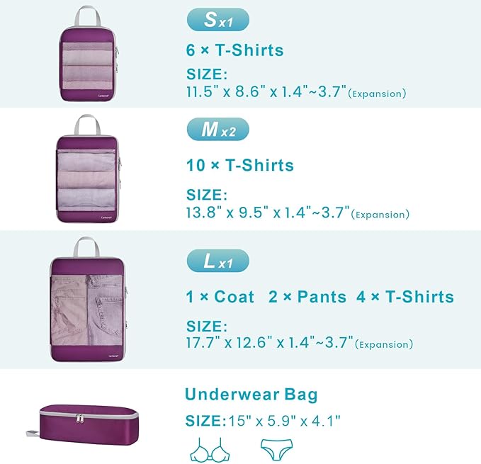 Cambond See Through Mesh Compression Packing Cubes - 5 Piece Expandable Space Saving Packing Cubes for Travel with Underwear 