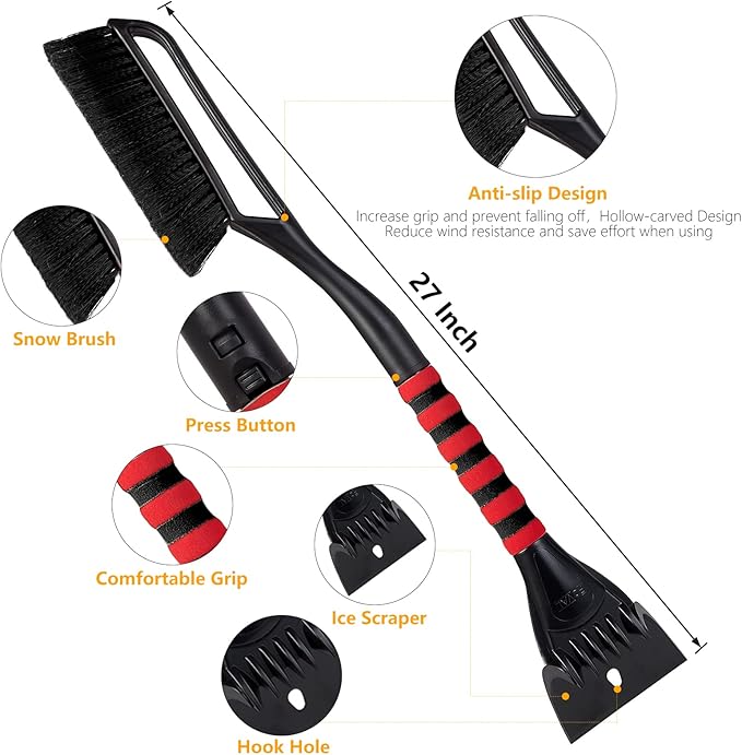 FOVAL 27" Snow Brush with Wider Ice Scraper (4.73" Width)(2 Pack), Snow Removal Car Brush with Comfortable Foam Grip for Cars, Trucks, SUVs, Windshield (Heavy Duty ABS, PVC Brush)