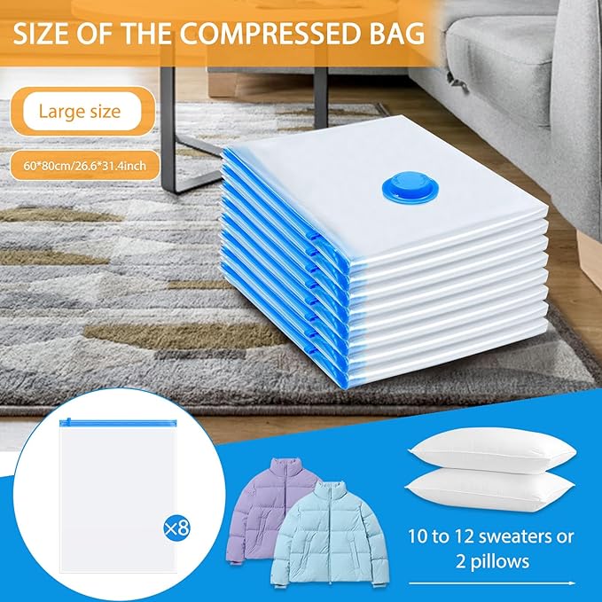 8 Pack Large Vacuum Storage Bags, Vacuum Seal Bags for Clothing with Hand Pump, 80% Space Saver Bags for Clothes, Pillows, Co