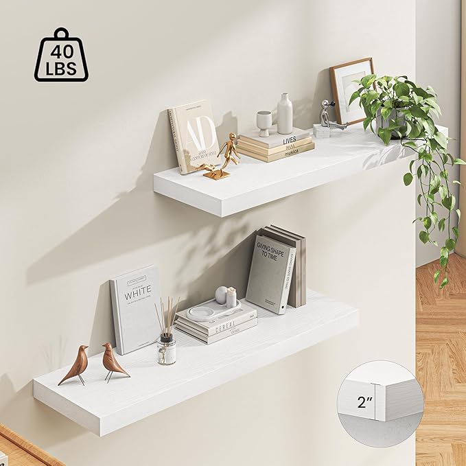 Dreamland 48" Floating Shelves for Wall, 12" Deep Thicker White Floating Shelves, Wall-Mounted Shelves for Bedroom, Living Ro