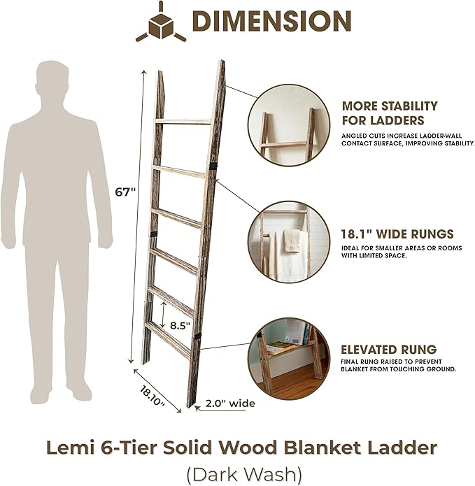 Blanket Ladder for Living Room 6-Tier, Wooden Decorative Quilt Holder for Bed Room, Wall-Leaning Towel Rack for Bathroom, Dec