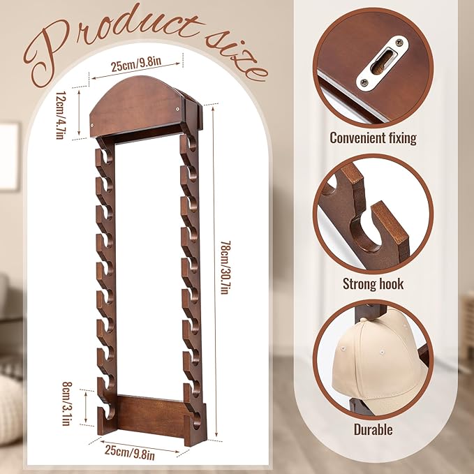 Wonderjune Wooden Hat Racks for Baseball Caps, Wall Mounted Baseball Cap Display Racks, Vertical Hat Storage Organizer, Doubl