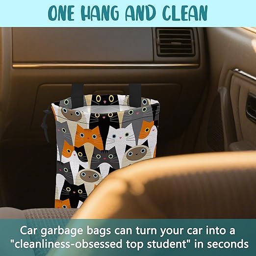 Car Trash Bag Cute Cartoon Cats Leak-Proof Waterproof Car Garbage Bag with Drawstring Foldable Canvas Trash Bin with Adjustable Buckle for Car Accessories, Travelling, Camping