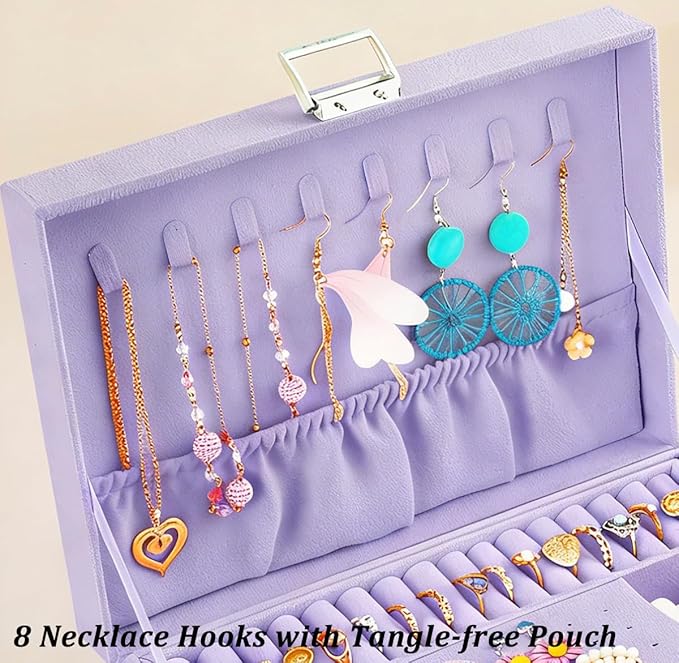 QBestry 3-Layer Jewelry Box for Girls & Teens with Lock and Key, Large Jewelry Organizer with 8 Necklace Hooks & 56 Earring H
