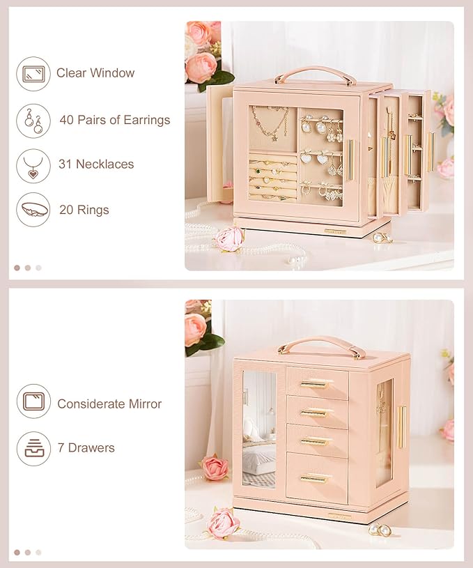 Homde Jewelry Box 360° Rotating, Necklace Earring Organizer with Transparent Window, Mirror, 7 Drawers, Large Ring Display St