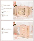 Homde Jewelry Box 360° Rotating, Necklace Earring Organizer with Transparent Window, Mirror, 7 Drawers, Large Ring Display St