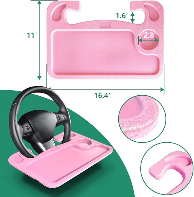 Steering Wheel Tray for Laptop & Food Universal Car Trays Accessories Steering Wheel Desk Car Travel Mount Car Food Tray for Eating - Pink