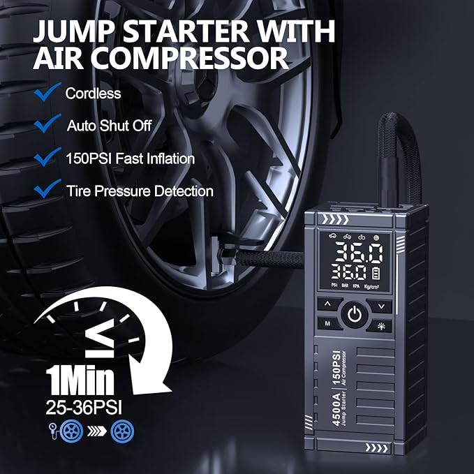 Car Battery Jump Starter with Air Compressor - 4500A 150PSI Portable Car Jump Starters (All Gas/10L Diesel) with Tire