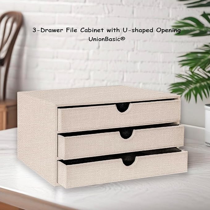 UnionBasic Document Organizer, 3-Drawer File Cabinet Document Storage Box, Office Desktop Filing Organizer, Beige