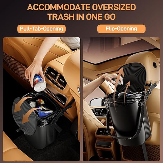 Trash Can for Car Garbage: Leakproof Silicone Car Waste Bin w/Lid for Drivers and Passengers; 2 Gallon Garbage Container for Vehicle, Sedan, SUV, Van, MPV & Truck (Black)