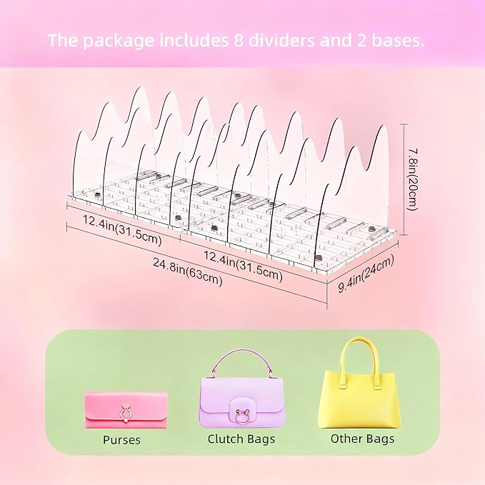 ANTOWIN 2 Pack Clear Purse Organizers for Closet, Adjustable Shelf Divider, Handbag Separators Storage Organizer, Shelf Divid