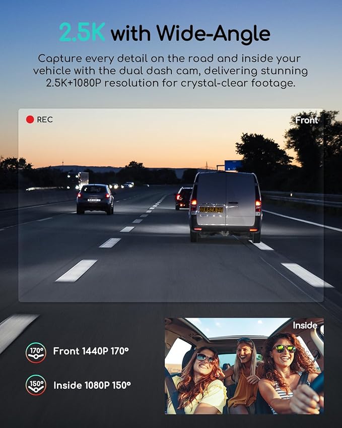 COOAU Dual Dash Cam 2.5K+1080P, Dash Cam Front and Inside, Built-in GPS and WI-FI, Dash Camera for Cars, Perfect for Uber and