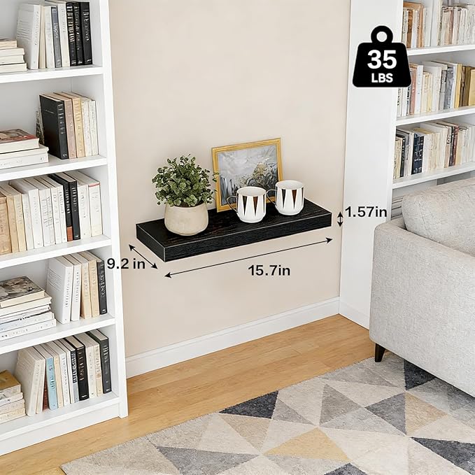Solid Wood Floating Wall Shelves, Wall Mounted Display Bookshelf for Bedroom, Bathroom, Kitchen, Living Room, Decor Wall,Set 