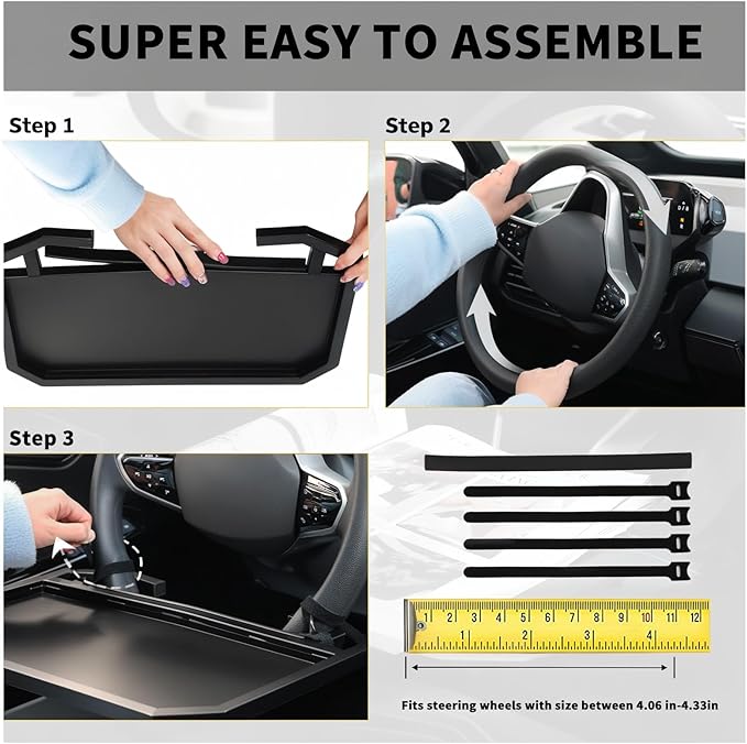 Steering Wheel Tray,Black Car Table Tray for Eating,Steering Wheel Desk for Laptop Food and Car Accessories,Fits Most Vehicles Steering Wheels