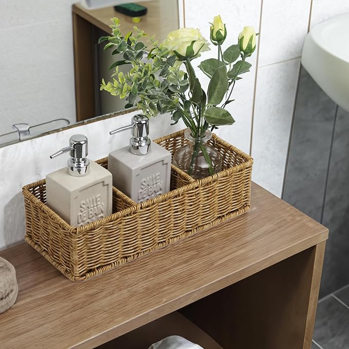Waterproof Wicker Basket With 3 Compartments, Hand Woven Bathroom Counter Organizer, Small Storage Basket for Toilet Paper St