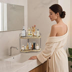 2-Tier Corner Bathroom Counter Organizer with Embedded Screw Holes, Secure & Stable Wood Vanity Shelf for Makeup and Skincare