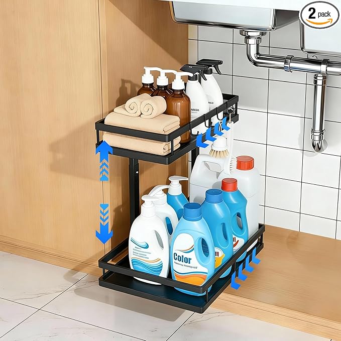 Under Sink Organizer, Dual-Rail Ball-Bearing, Under Kitchen Sink Organizer, 6-Level Adjustable, Under Cabinet Organizer, No-D