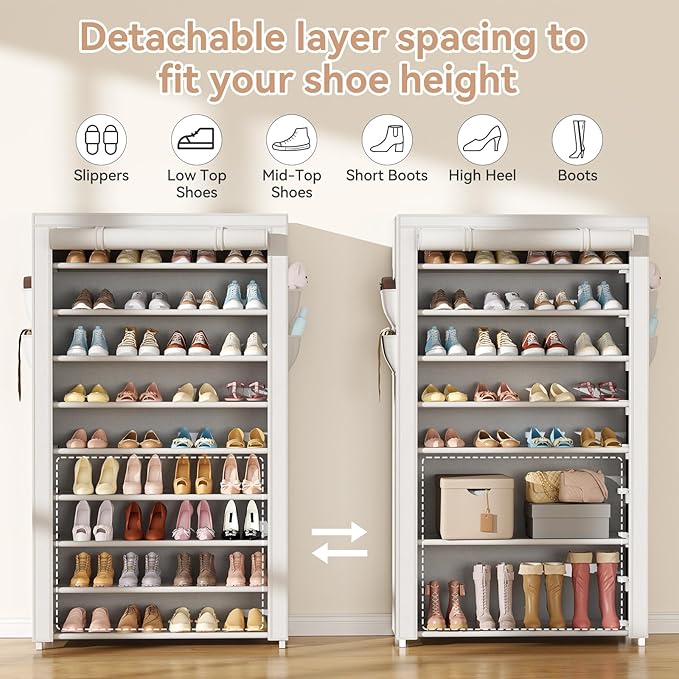 LANTEFUL Shoe Rack with Covers 10 Tier Tall Shoe Rack Organizer Large Capacity Shoe Shelf Storage 40 Pairs Space Saving Free 