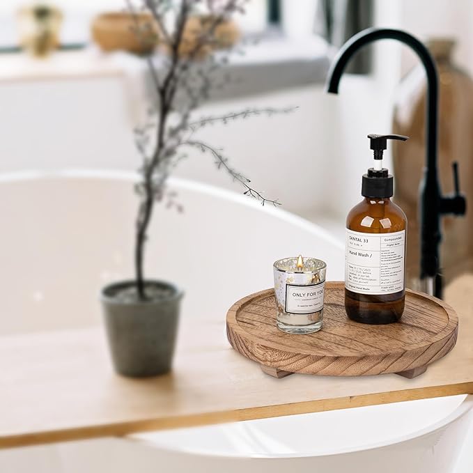 Round Decorative Tray Wood Bathroom Counter Organizer Farmhouse Kitchen Decor Wooden Riser for Soap Dish, Perfume, Candle, Sp