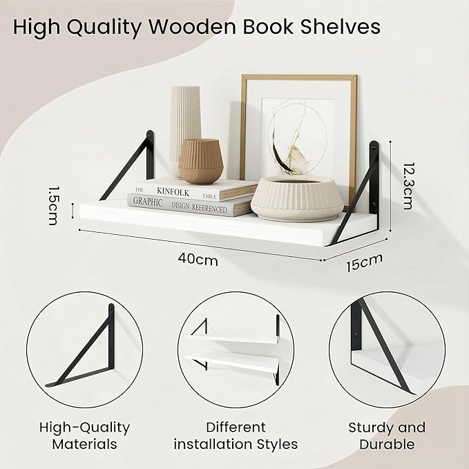 Wall Shelf, Floating Book Shelves with Brackets, 16 inch White Shelves Set of 3, Particle Board Wooden Shelf for Kitchen, Bat