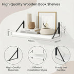 Wall Shelf, Floating Book Shelves with Brackets, 16 inch White Shelves Set of 3, Particle Board Wooden Shelf for Kitchen, Bat