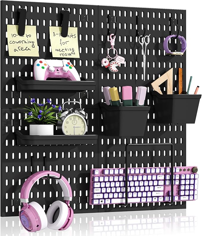 AKTOP Peg Board Wall Organizer 4-Pack – 12"x12" Black Pegboard Combination Kit with 13 Accessories for Wall, Plastic Peg Boar